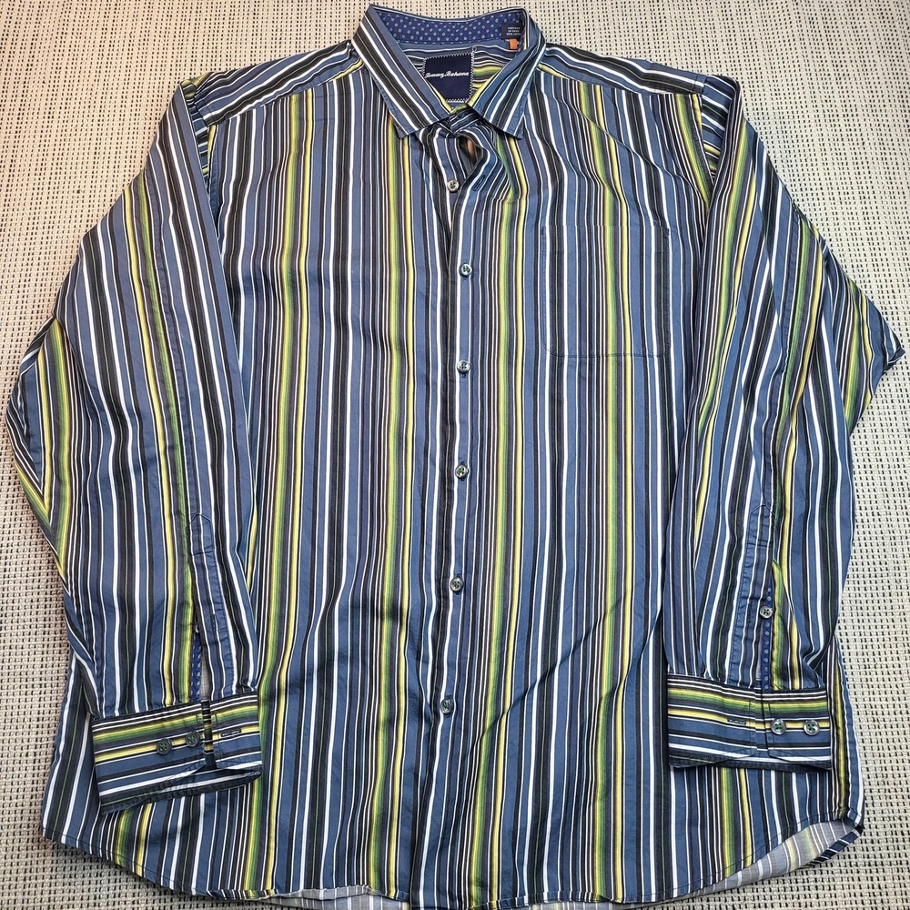 Tommy Bahama‎ Shirt Mens XL Blue Stripe Long Sleeve Button Front Cotton Casual